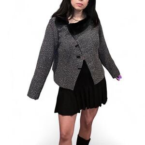 Vintage Classic Asymmetrical Tweed Blazer / Jacket w/ Faux Fur Collar